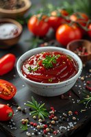 Fresh homemade tomato sauce in white ceramic bowl garnished with herbs and spices. Dark moody food photography with fresh ingredients and rustic composition perfect for restaurant menu or cookbook.