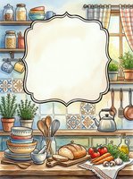 Watercolor cozy kitchen scene with blank label frame, herbs, bread, vegetables, and rustic decor, tiles for recipe card or menu design.