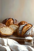 Fresh artisanal sourdough bread loaves with crispy crust and soft interior on wooden board, jar of salt and white linen cloth in rustic setting.