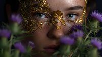 Young woman with gold leaf makeup and glitter around eyes gazing through purple wildflowers in artistic beauty portrait with dramatic lighting and soft focus.