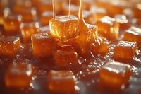 Golden honey caramel candy cubes with dripping syrup strands in macro photography, sweet dessert confectionery on dark background with selective focus and bokeh effect.