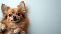 Adorable long-haired Chihuahua dog with ginger fur and expressive eyes looking at camera against light gray background. Pet portrait with copy space.