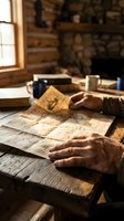 Architect or engineer with weathered hands examining construction blueprints and plans on wooden desk in rustic workshop studio with natural window light.