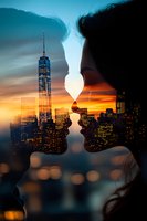 Double exposure of couple silhouette against dramatic New York City skyline at sunset, creating romantic urban love story atmosphere.