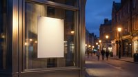 Blank white poster mockup displayed in illuminated storefront window on urban street at twilight with warm lighting and pedestrians walking by.