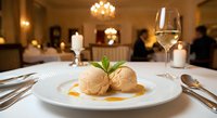 Elegant vanilla ice cream dessert with mint garnish on white plate in upscale restaurant dining room with crystal chandelier and fine dining atmosphere.