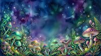 Enchanted forest floor with bioluminescent mushrooms, glowing plants, and magical starry night sky above, creating a mystical woodland fantasy atmosphere.