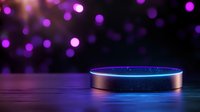 Elegant round platform with metallic rim on purple surface against blurred bokeh lights background for luxury product display and presentation.