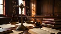 Ornate brass scales of justice with gavel and law books on wooden desk in traditional courtroom setting with warm sunlight streaming through windows.