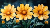 Yellow gazania flowers bloom in row against dark background, vibrant orange petals and green leaves create dramatic garden composition. Perfect for floral designs.