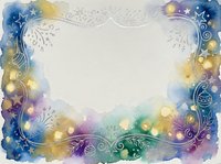 Watercolor frame with glowing bokeh lights, stars, and ornamental swirls in blue, gold, and purple tones. Isolated on white background, ready for invitations, greeting cards, and design projects.