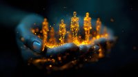 Glowing golden figures emerging from an open palm against dark background with magical light particles and smoke effects, representing spiritual awakening and transformation.