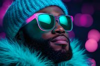 Young African American man with beard wearing turquoise beanie and neon sunglasses reflecting cyan light against purple bokeh background, modern urban nightlife portrait.
