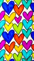 Vibrant hand-drawn hearts seamless pattern in rainbow colors with black outlines on white background for Valentine's Day designs and romantic projects.