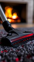 Modern vacuum cleaner brush with LED lights cleaning carpet debris against cozy fireplace background, highlighting home maintenance and cleaning technology.