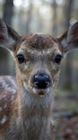 Young deer fawn close-up portrait with expressive dark eyes and soft brown fur in natural forest habitat for wildlife photography and nature content.