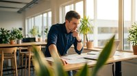Focused businessman working on laptop in modern office with plants, analyzing documents and data for strategic planning and decision making.