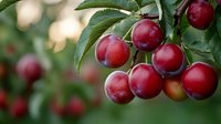 Fresh ripe red plums growing on tree branch with green leaves in orchard garden, natural bokeh background, summer harvest season.