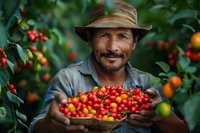 Middle-aged Hispanic farmer smiling while holding freshly harvested ripe coffee cherries on plantation, wearing straw hat against blurred green coffee plants background.