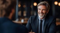 Mature businessman with gray hair and beard wearing dark suit smiling during meeting in restaurant. Professional corporate portrait with warm ambient lighting.