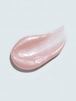 Shimmering pink lip gloss smear on white background, showcasing glossy texture and pearlescent finish for cosmetic advertising.