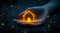 Glowing house silhouette floating on magical palm with golden sparkles and light particles against dark blue background, concept of home protection and safety.