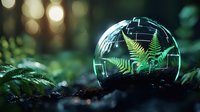 Glowing crystal ball with green fern leaves inside on dark forest ground, magical bokeh lights in background creates mystical nature atmosphere.