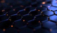 Hexagonal molecular structure with glowing orange connection points on dark background, representing nanotechnology and scientific innovation.