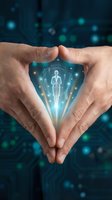 Hands forming protective heart shape around glowing human figure with digital light effects symbolizing healthcare protection and wellness technology.