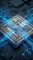Microchip with glowing blue circuit board pathways and digital connections, representing processor technology, data flow, and computing innovation for tech industry applications.