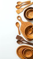 Wooden kitchen utensils and bowls arranged on white background. Natural wood cookware collection isolated for cooking and dining design projects.