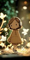 Cartoon girl in hoodie wearing headphones walks among glowing flowers at dusk, enjoying music in a magical garden atmosphere.
