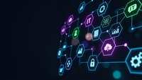 Digital technology network with glowing hexagonal icons representing connectivity, data analytics, security and business solutions on dark background.