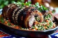 Succulent pork tenderloin wrapped in bacon, sliced to reveal spiral filling, served on colorful quinoa with fresh herbs and diced vegetables. Perfect for food blogs.