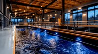 Modern wastewater treatment facility interior with blue illuminated aeration tanks, industrial handrails, and exposed ceiling showing advanced purification process at dusk.