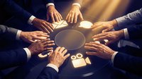 Diverse business team placing hands together over crystal ball in circle, symbolizing unity, collaboration, and shared vision for corporate success and teamwork.