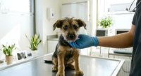 Small brown terrier puppy receiving veterinary examination from professional in blue gloves at modern animal clinic with bright natural lighting.