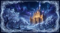 Golden castle illuminated against a starry night sky, surrounded by frost-covered trees and ornate silver frame border, evoking a magical winter fantasy realm.