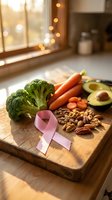 Pink ribbon with fresh vegetables nuts on wooden cutting board in warm kitchen light symbolizing breast cancer awareness and healthy nutrition lifestyle.