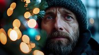 Homeless man with beard wearing knit hat against Christmas lights bokeh background during winter holiday season conveying social issues and poverty awareness.