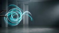 Futuristic glowing cyan light trails creating dynamic spiral motion in modern interior space with concrete walls and dramatic lighting effects.