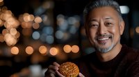 Middle-aged Asian man with gray beard smiling while holding traditional mooncake against warm bokeh city lights background for Mid-Autumn Festival celebration.