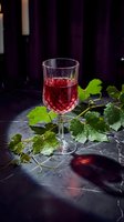 Crystal wine glass filled with red wine surrounded by fresh grape leaves on dark marble surface with dramatic lighting and purple curtain background.