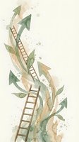 Watercolor ladder climbing through green leaves and arrows symbolizing growth, success and upward progress in business and personal development.