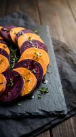 Sliced orange and purple sweet potatoes with fresh thyme on slate board, healthy organic vegetables for cooking and nutrition concepts on rustic wooden background.