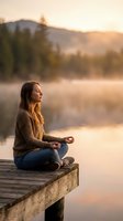 Young woman meditating in lotus position on wooden dock at sunrise lake with mountains in background. Peaceful mindfulness and wellness concept.