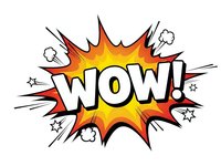 Comic book style WOW explosion burst with dynamic rays and stars on white background for pop art designs and graphic projects.
