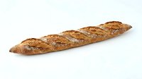 Crusty French baguette with golden-brown exterior and diagonal scoring marks, isolated on white background for bakery, food, and culinary design use.