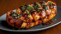 Grilled hasselback butternut squash glazed with honey and balsamic vinegar, topped with fresh herbs on dark plate. Autumn vegetarian dish on wooden table.