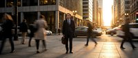 Confident businessman stands still amid blurred motion of busy city commuters during golden hour sunset on urban street with modern skyscrapers and office buildings.